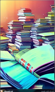 A stack of books and an open notebook 