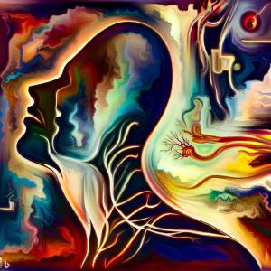 A psychedelic image of a person surrounded by whispers, storms, feelings, arteries, sinews, and promises of love, generated by Bing Image Generator